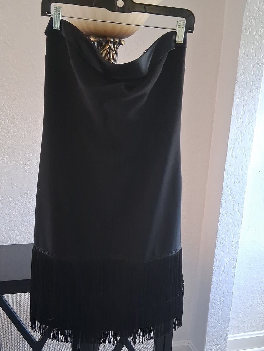 Donna Morgan Black Strapless Midi Dress with Fringe Hem